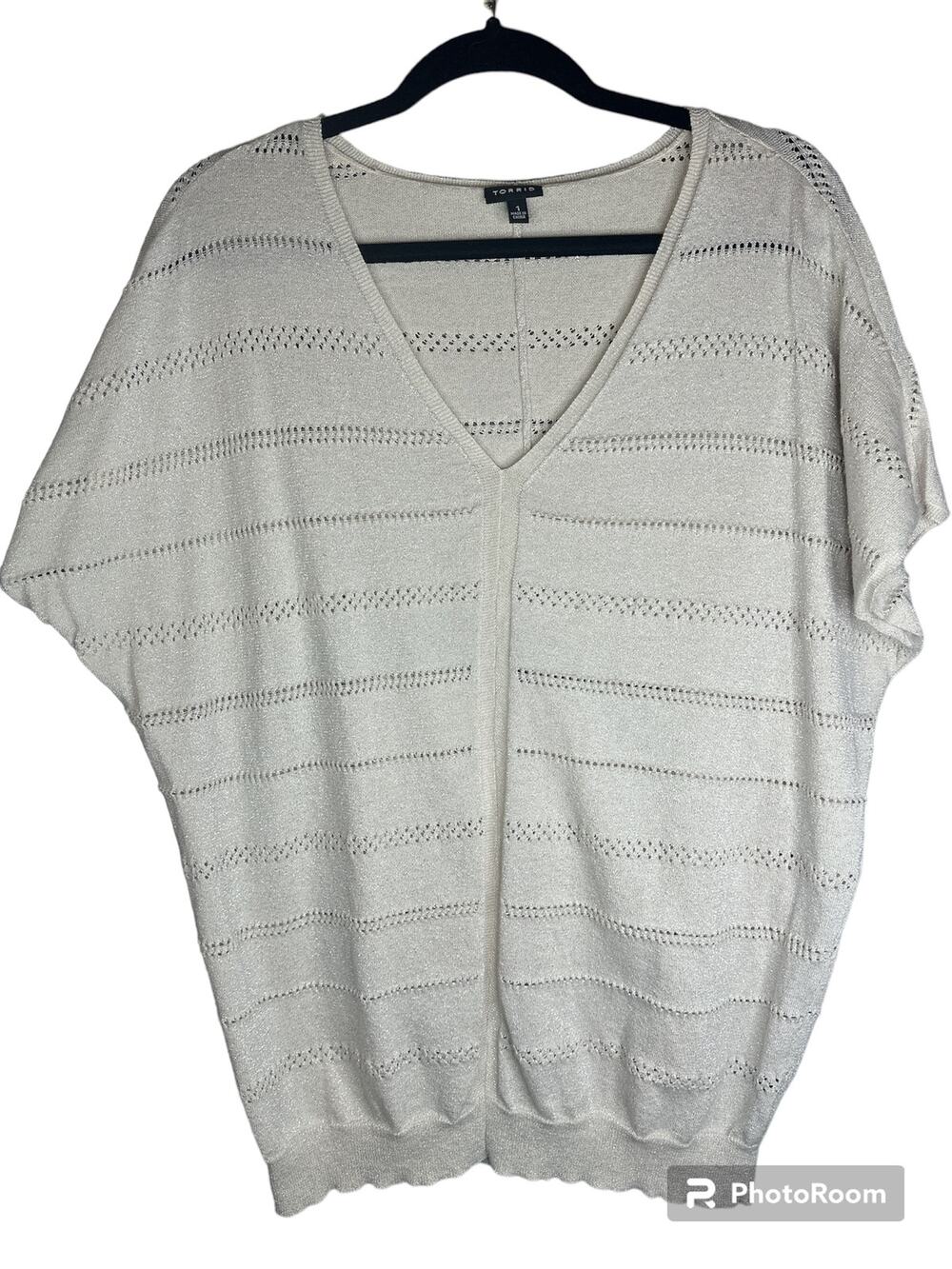 Torrid Short Dolman Sleeve Sparkly Cream/White Stripe V Neck Blouse Size 1X